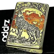 Zippo Continent Wolf Howl Gold Etching Oil Lighter Regular Case Japan New