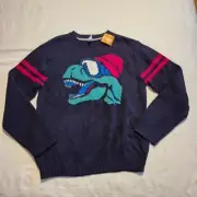 Gymboree boys size XL or 14 blue knit dinosaur in holiday hat sweater, New