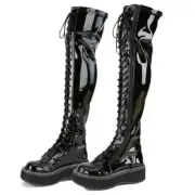 Emily 375 Black Patent Lace Up 2" Platform Goth Punk OTK Thigh Boots DEMONIA