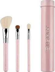 Sigma Beauty Travel Essential Trio - Makeup Brush Set for Foundation Powder Eyeshadow - 3 Tool Brushes with Brush Tin Holder - - Skin Safe, Vegan Makeup Brushes for Travel - Light Pink