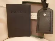 NEW WT BOX PERRY ELLIS PORTFOLIO BLACK LEATHER PASSPORT CASE LUGGAGE TAG WALLET
