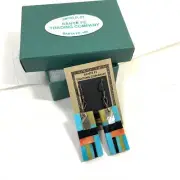 VTG Santo Domingo Kewa Earrings Handmade Stone Mosaic Inlay Dangle Turquoise
