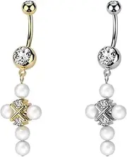 [beyoutifulthings] Navel Piercing Silver Gold White Pearls Cross Pendant Crystals Navel Piercing Surgical Steel Banana Bell Bar Length 10 mm