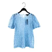 New Look Pale Blue 3D Textured Floral Sheer Mesh Blouse - Size 8 NEW