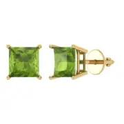 3ct Princess Cut Solitaire Natural Peridot Stud Earrings Solid 14k Yellow Gold