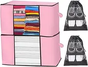 Keadic 4Pcs 90L Large Clothes Storage Bag Organizer Foldable Storage Box with Clear Window, Sturdy Zipper and Reinforced Handle Thick Fabric for Bed Sheets, Blankets, Pillows, Clothes (Pink)