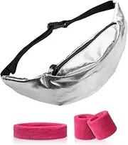 [Aizgalxor] 80s Women Silver Waist Pack with Sweatband Sets, 90s Men Fashion PU Leather Fanny Pack, Retro Party Waist Bag, Hip Bag for Fitness, Running and Traveling