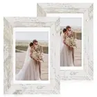 5x7 Picture Frame Set of 2, Made of Real Glass and Distressed White Wooden Fr...