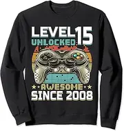 [X.Style] Level 15 Unlocked Awesome 2008 Gamer Boy 15th Birthday Retro Sweatshirt ds1426 Sweater (L) Black