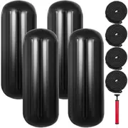 Black Ribbed Boat Fenders 10"x28" - Set of 4 with Pump and Ropes