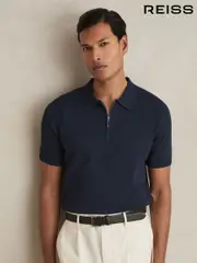 Reiss Navy Berkley Cotton Half-Zip Knitted Polo Shirt (AN2417) | $195