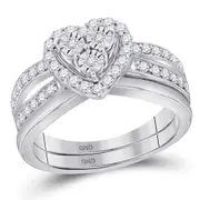 14k White Gold Diamond Heart Bridal Wedding Ring Set 3/4 Cttw