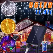 Outdoor Solar 96 LED Hanging Icicle Curtain String Lights Xmas Party Remote Lamp