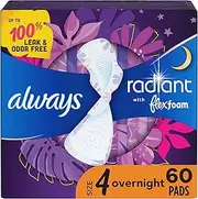Always Radiant Feminine Pads for Women, Size 4 (Pack of 3), Overnight Absorbency, with Wings, Scented, 20 Count, (Packaging May Vary)