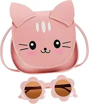 [Healeved] 1Set Adorable Cat Shaped Purse with Matching Flower Sunglasses Lightweight Crossbody Bag for Cute Animal Design present for Little