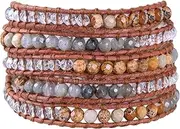 [KELITCH] Labradorite Crystal Beads 5 Wrap Bracelets Handmade Strand Long Bracelets for Women (Brown)