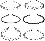 Unisex Black Elastic Non,Slip Metal Wavy Headbands for Men, Ideal for Outdoor Sports, Hair Accessories(6PCS)