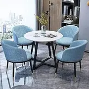Snaweo Office Reception Room Club Table and Chair Set, Negotiation Table and Chair Set, Small Space Dining Table Set for 4, 31.5inch Marble Round Table and Cotton Linen Backrest Chair 5-Piece(Blue)