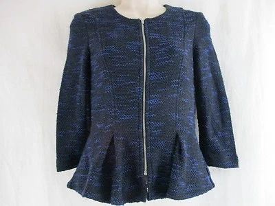 H&M TEXTURED ZIP-UP WOVEN FITTED peplum ruffle Blue Round Neck BLAZER JACKET sz4