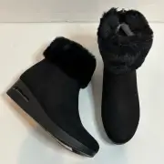 NWT DKNY Abri Black Microsuede Faux Fur Trim Wedge Ankle Boot 7