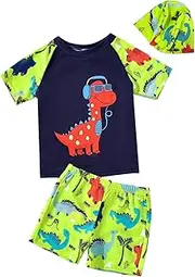 [BomDeals] Toddler Boys Dinosaur Rashguard Swimsuit - Kids Short Sleeve Shirt Trunks Swimwear Bathing Suit with Hat 3Pcs Sets