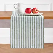 Solino Home Table Runner 108 Inches Long - Amalfi Stripe, 100% Pure Linen Green and White Table Runner 14 x 108 Inch for Dining, Father's Day, Summer