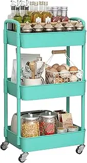 Sywhitta 3-Tier Plastic Rolling Utility Cart with Handle, Multi-Functional Storage Trolley for Office, Living Room, Kitchen, Movable Storage Organizer with Wheels, Green
