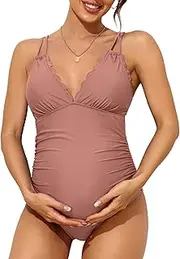 [Charmo] Scallop Trim Maternity Swimsuit One Piece V Neck Pregnancy Bathing Suit Ruched Swimwear Cutout Tie Back