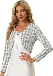 [Allegra K] Crop Jacket for Women's Open Front Long Sleeve Plaid Tweed Blazer