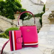 Coach Retro Stripe Sm Town Bucket Leather crossbody Handbag/Wallet Mango NWT