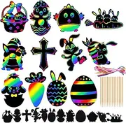 Easter Crafts, 48 Pack Magic Rainbow Scratch Paper Kit Easter Activities for Children Easter Bunny Egg Scratch Art for Easter Party Favors Gifts Egg Basket Stuffers