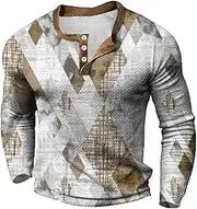 [Generic] Distressed Henley Shirts for Men Vintage Washed Shirt Retro Color Block Blouses Tops Long Sleeve 3 Buttons T-Shirts