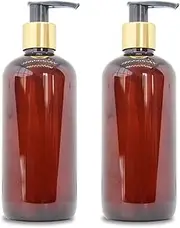 MYOC Amber PET golden cap pump bottle Refillable Empty Container Cosmetic Containers for Lotion Shampoo Massage Oils Outdoor Camping Travel 300 ML (Pack of 2)