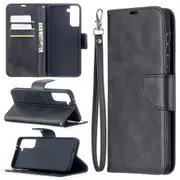 For Samsung Galaxy S21+ Plus Case Lambskin Texture Folio PU Leather Wallet Cover, Kickstand, Lanyard, Black