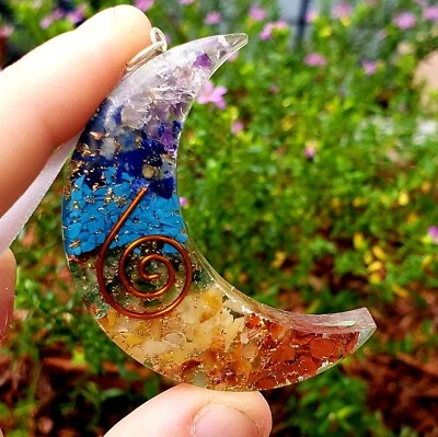 Chakra orgone resin moon shape with copper crystal healing gemstone - 1pc