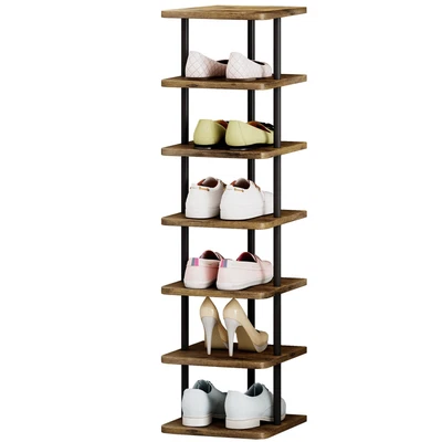 Shoe Rack 7 Tier Vertical Storage Organizer Narrow Metal Slim Shelf Modern Fr...