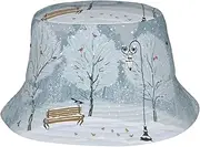 [SAAKE] Birds in The Park On A Snowy Day Print Unisex Bucket Hat Twill Fabric Sun Protection Stylish for All Seasons Bucket Hats Black, Black, One Size