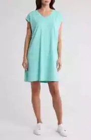 Eileen Fisher Aqua Cotton Stretch Jersey V-Neck Knee Length Cap Sleeve Dress XL