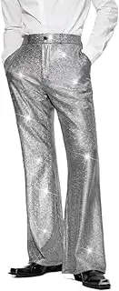 [Generic] Men Night Club Party Suit Pants Classic Fit Plaid Glitter Waist Dress Pants Shiny Sequins Straight Leg Trousers