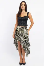 Black Animal Print Frill Skirt High Waisted High Low Midi - Size 6XXS, Women's Midi Skirt