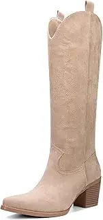 [VBDB] Cowboy Boots for Women Knee High Boots Pointy Toe Suede Boots with Embroidered Chunky Heel Western Cowgirl Boots
