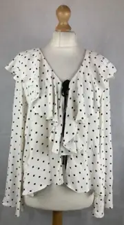 Topshop White Black Polka Dot Ruffle Frill Trim Long Sleeve Blouse UK8 A35