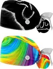 [YTYVAGT] 2-Pc,Nurse Scrub Caps,Scrub Hats with Buttons and Cotton Sweatband,Black Dog Paw