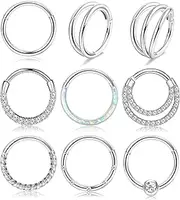 [Sanfenly] 9 Pcs Hypoallergenic Septum Rings 16G Surgical Steel Hinged Clicker Nose Hoops Set for Women Men Cute CZ Opal Cartilage Earrings Lip Helix Tragus Conch Daith Piercing Jewelry 8mm 10mm