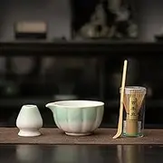 Matcha Whisk Set, Myrthra Matcha Set Includes Matcha Whisk and Bowl (Bowl with Spout), Holder and Scoop-4PCS Matcha Tea Set, Petal Bowl, Fade Green