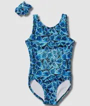 $55 Bloch Kids Girl's Blue Floral One-Piece Slip-On Windmill Tank Leotard CL