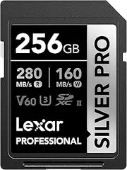 Lexar 256GB Professional Silver PRO SD Card, UHS-II, C10, U3, V60, Full HD, 4K, Up to 280MB/s Read SDXC Memory Card, for Professional Photographer, Videographer, Enthusiast (LSDSIPR256G-BNNNU)