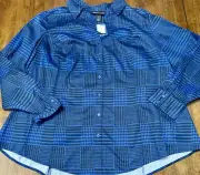 New LANE BRYANT Blue Black Check Plaid Houndstooth Button Up Shirt Plus Size 28