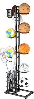Basketball Storage Rack, Freestanding Ball Holder, Garage Sport Organizer, Vertical Equipment Organizer With Basket and Hooks for Football