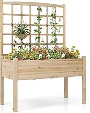 Costway Raised Garden Bed w/Lattice Trellis, Drainage Holes, Wooden Elevated Planter Box Stand w/Legs for Climbing Vine Flower Herb Vegetable Fruit, Outdoor Patio Balcony Planter, 80 kg Capacity